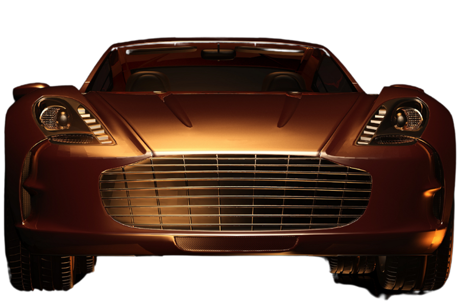 Front view of a sleek, modern bronze luxury car with distinctive grille and headlights.